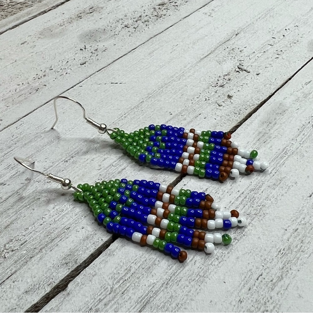 Handmade‎ Seed Bead Fringe Earrings Blue Green Boho Dangle 925 Silver Hooks